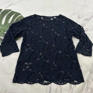 Cut Loose Lace Blouse Top Size S Navy Blue Floral Sheer 3/4 Sleeve Boat Neck